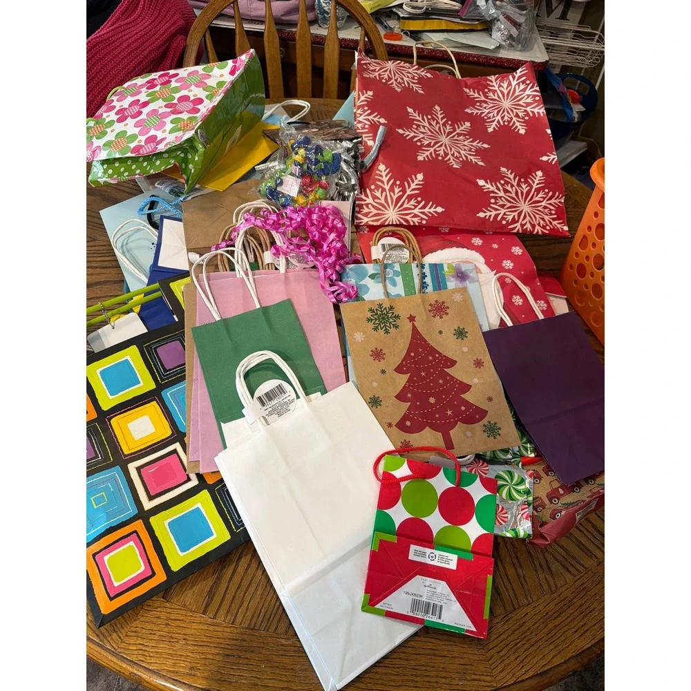 Assorted Gift Bag and Ribbon Lot Christmas Birthday Holiday Wrapping Supplies